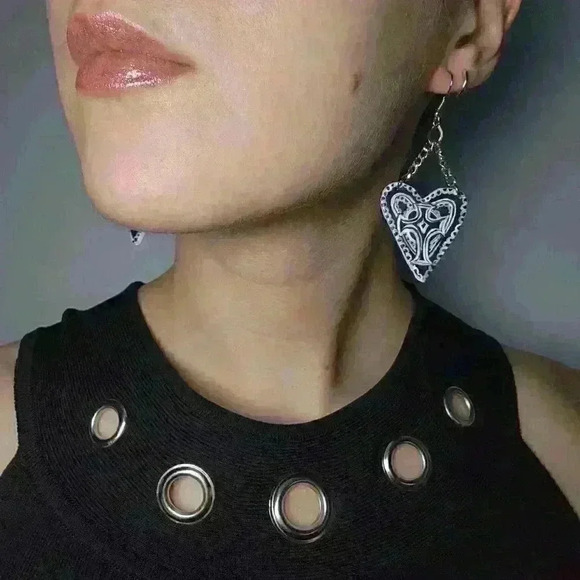 The Craft Witch inspired cross and heart black  and white goth earrings - Picture 5 of 11
